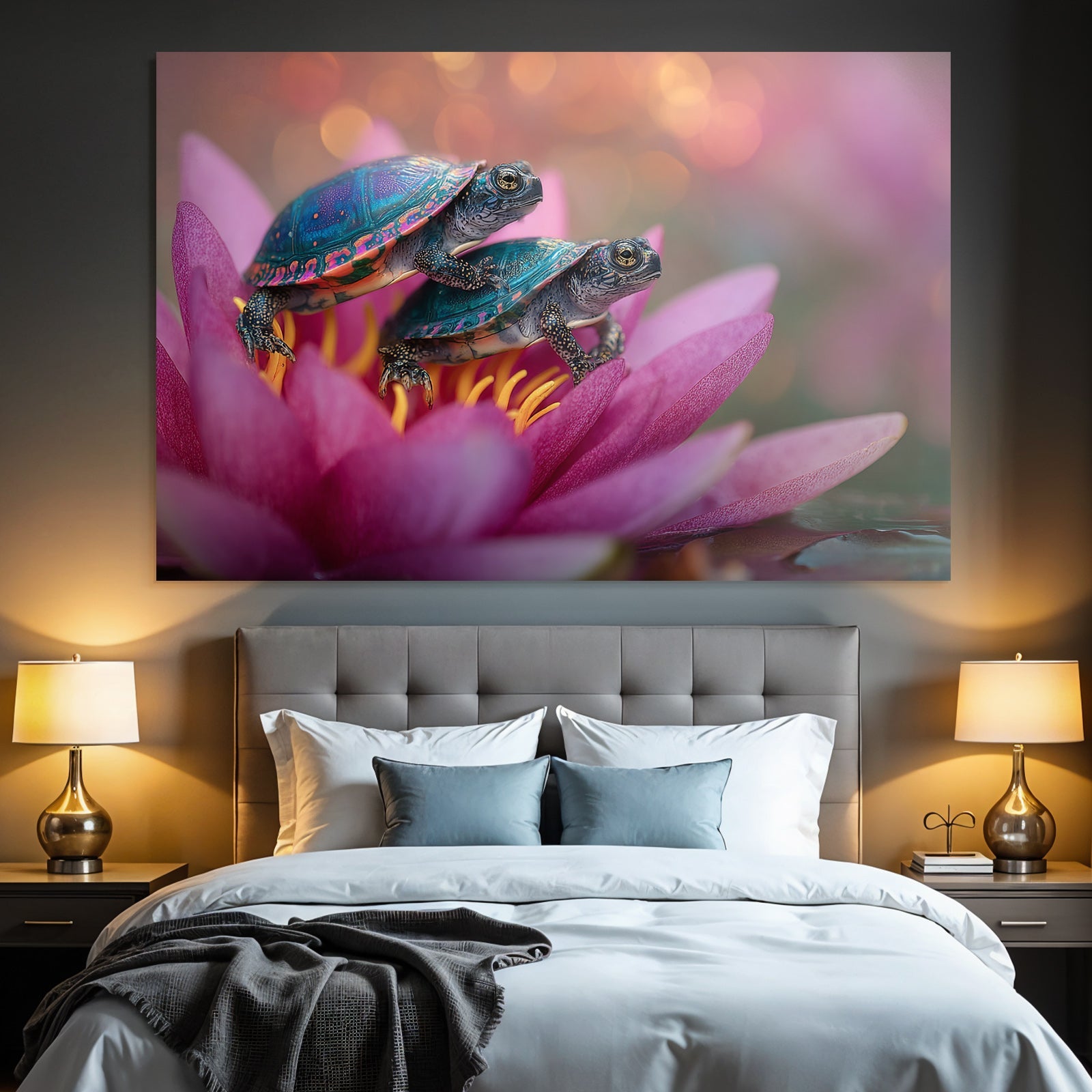 Two small turtles on a pink water lily