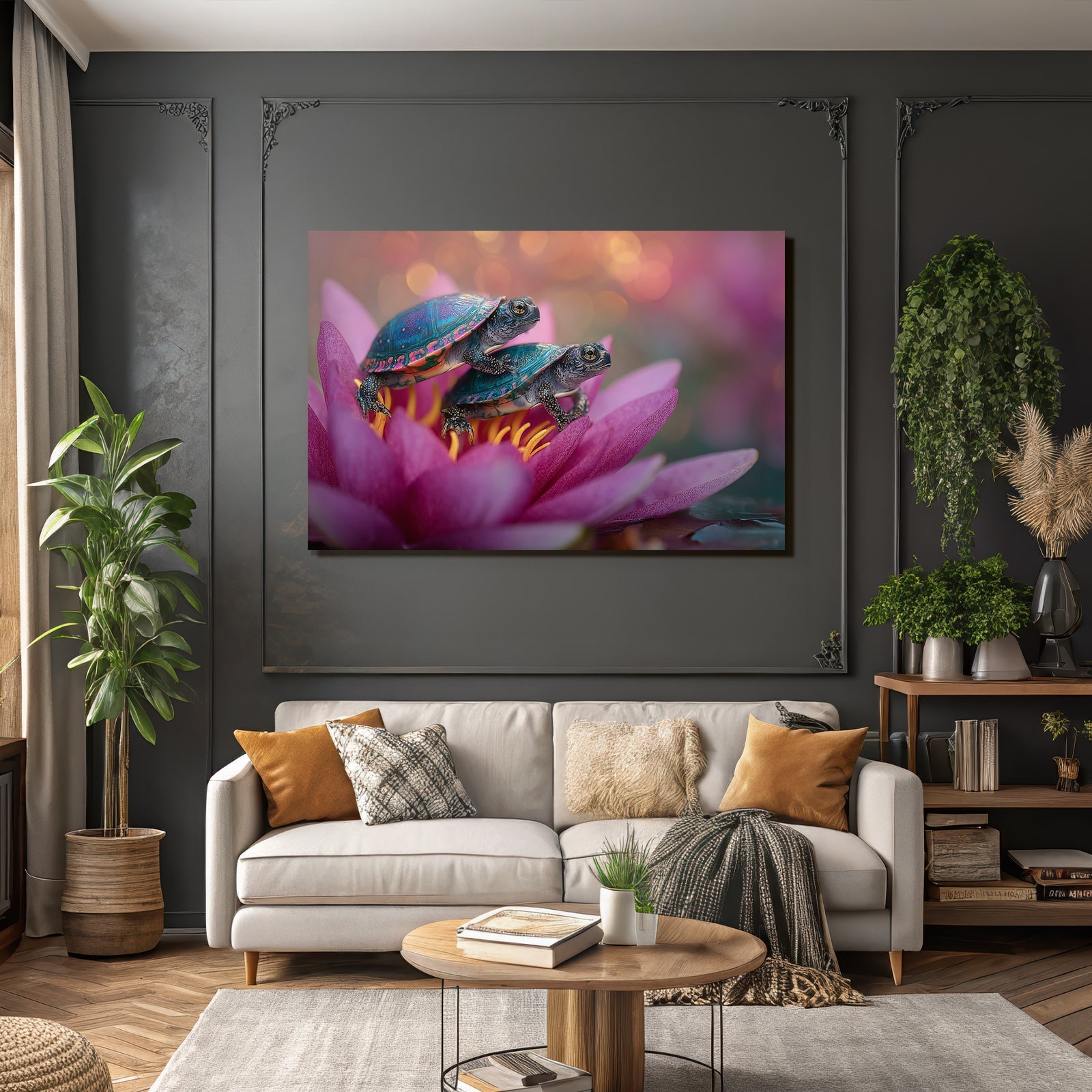 Two small turtles on a pink water lily