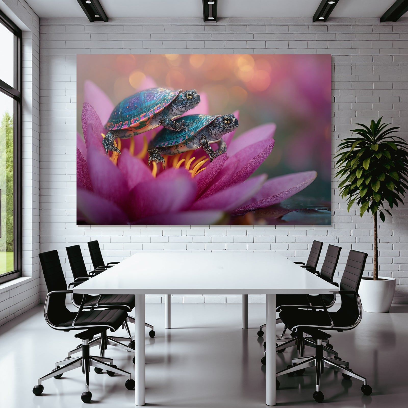 Two small turtles on a pink water lily