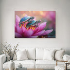 Two small turtles on a pink water lily