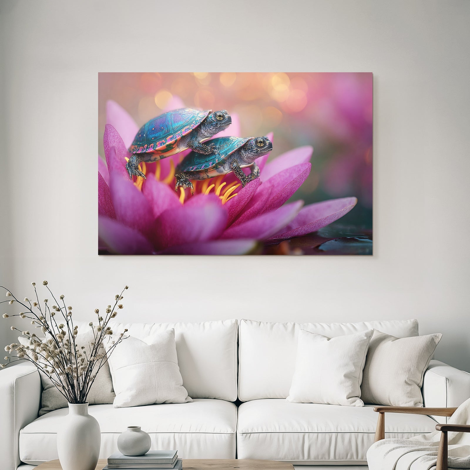 Two small turtles on a pink water lily