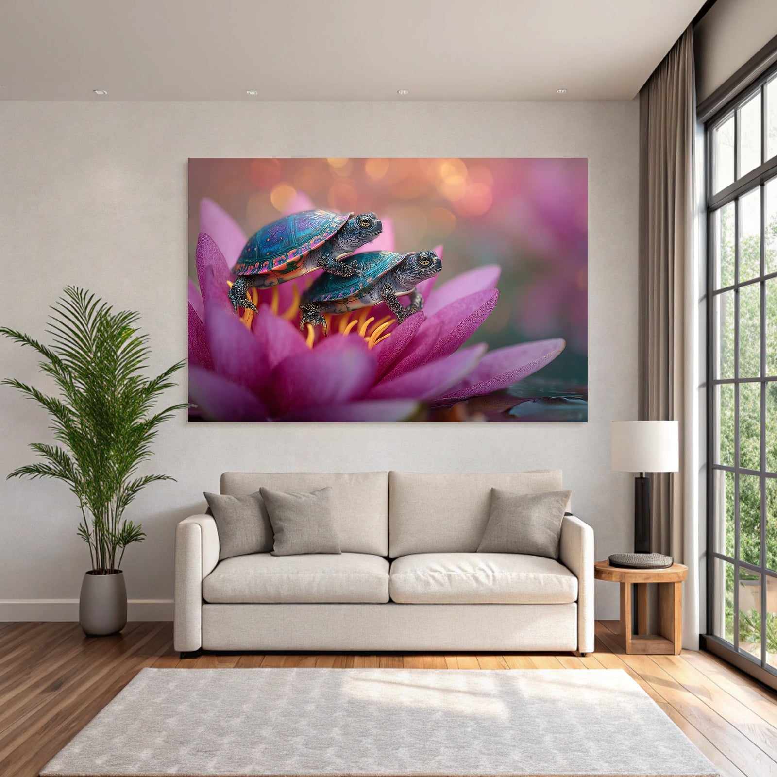 Two small turtles on a pink water lily