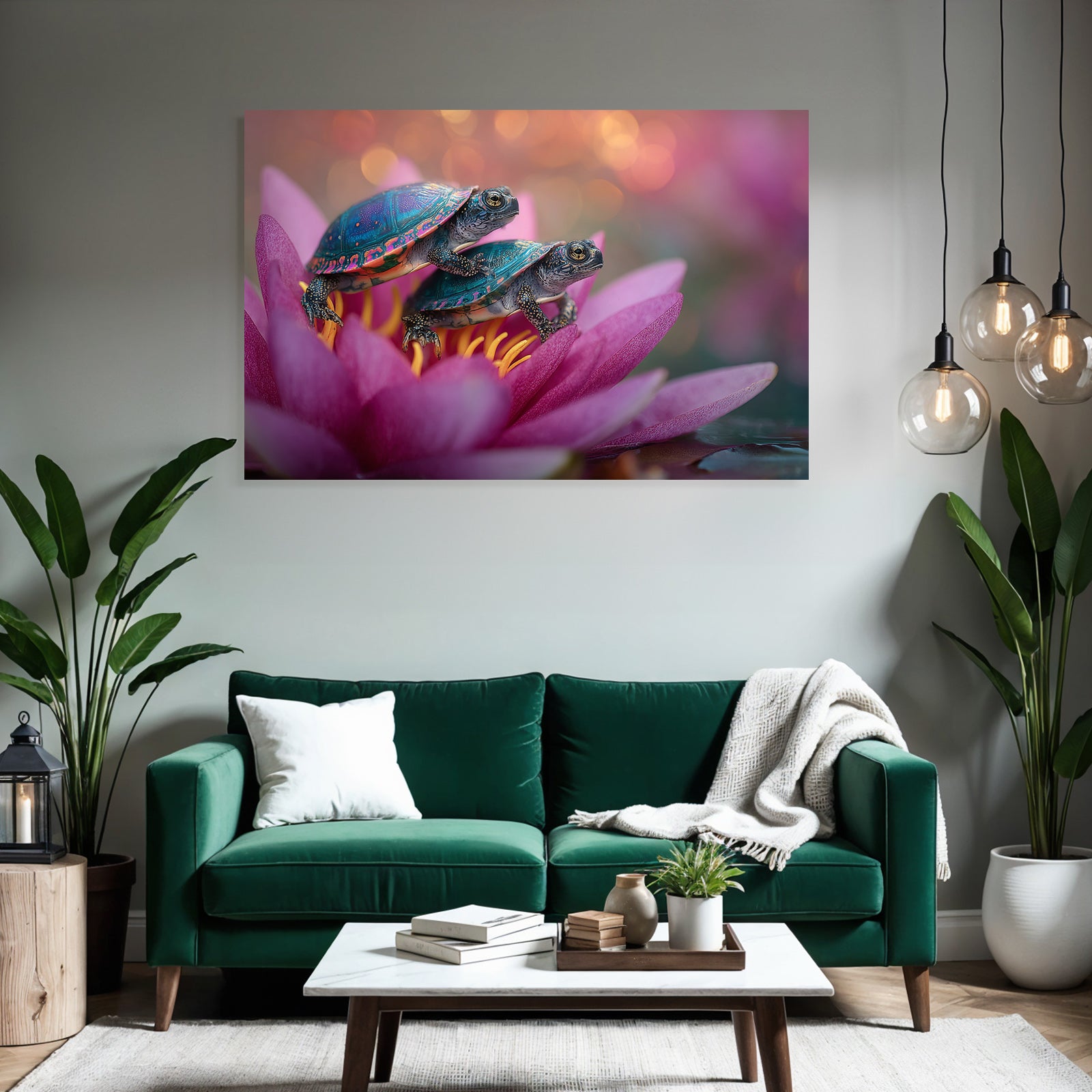 Two small turtles on a pink water lily
