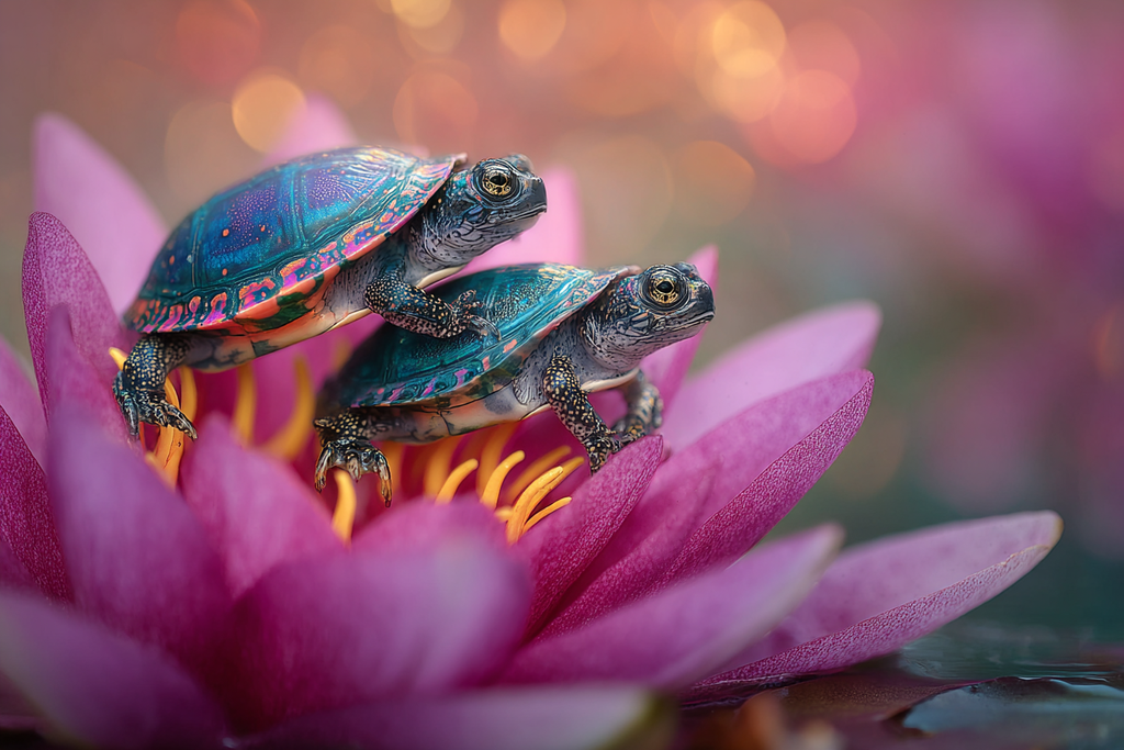 Zwei Kleine Schildkröten Auf Rosafarbener Wasserlilie | Insekten und Amphibien | Tiere