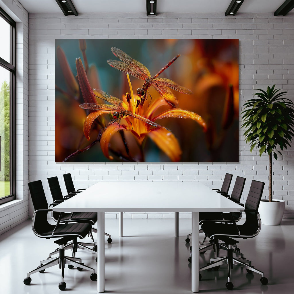 Zwei Libellen Auf Oranger Blume Mit Unscharfem Hintergrund