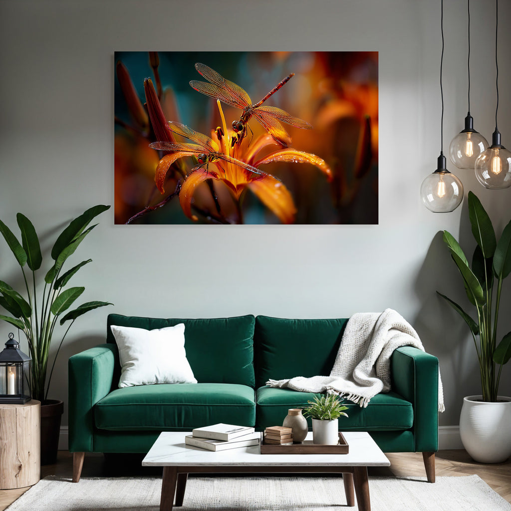 Zwei Libellen Auf Oranger Blume Mit Unscharfem Hintergrund