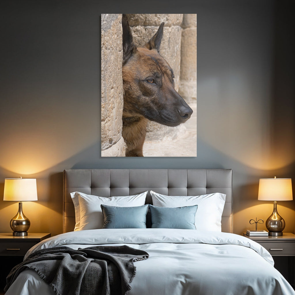 Belgischer Malinois Kopf Nahe Stone Surface Architektur