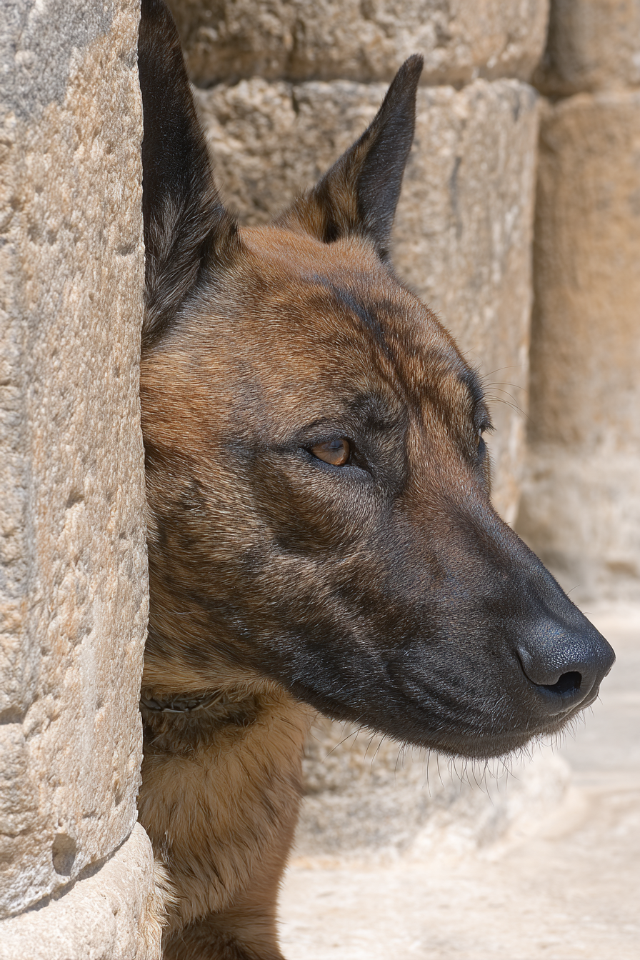 Belgischer Malinois Kopf Nahe Stone Surface Architektur | Katzen und Hunde | Tiere
