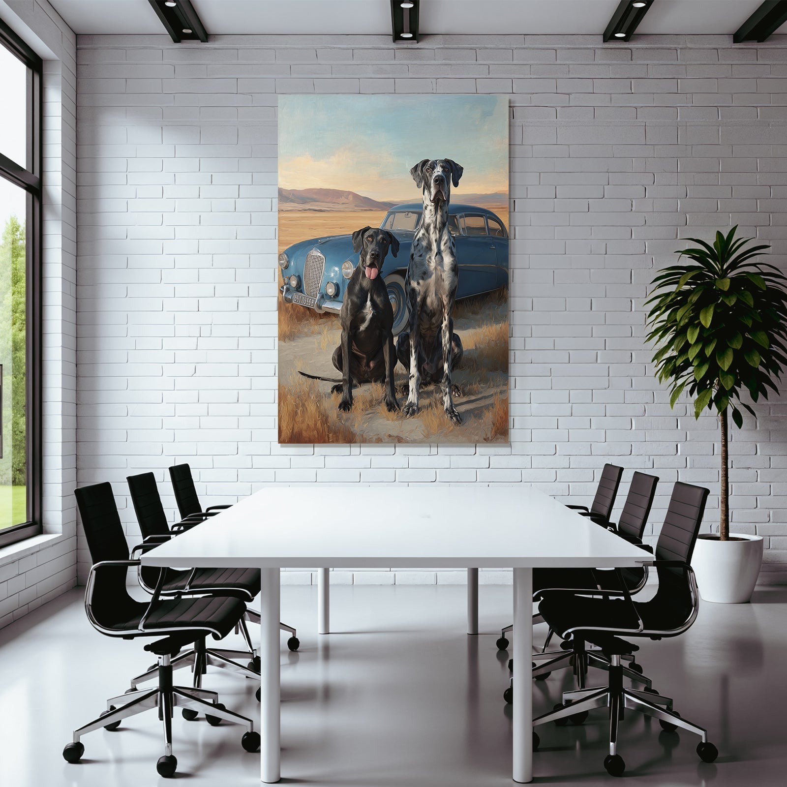 Great Danes Im Grünen Mit Vintage Auto Und Bergen Hintergrund