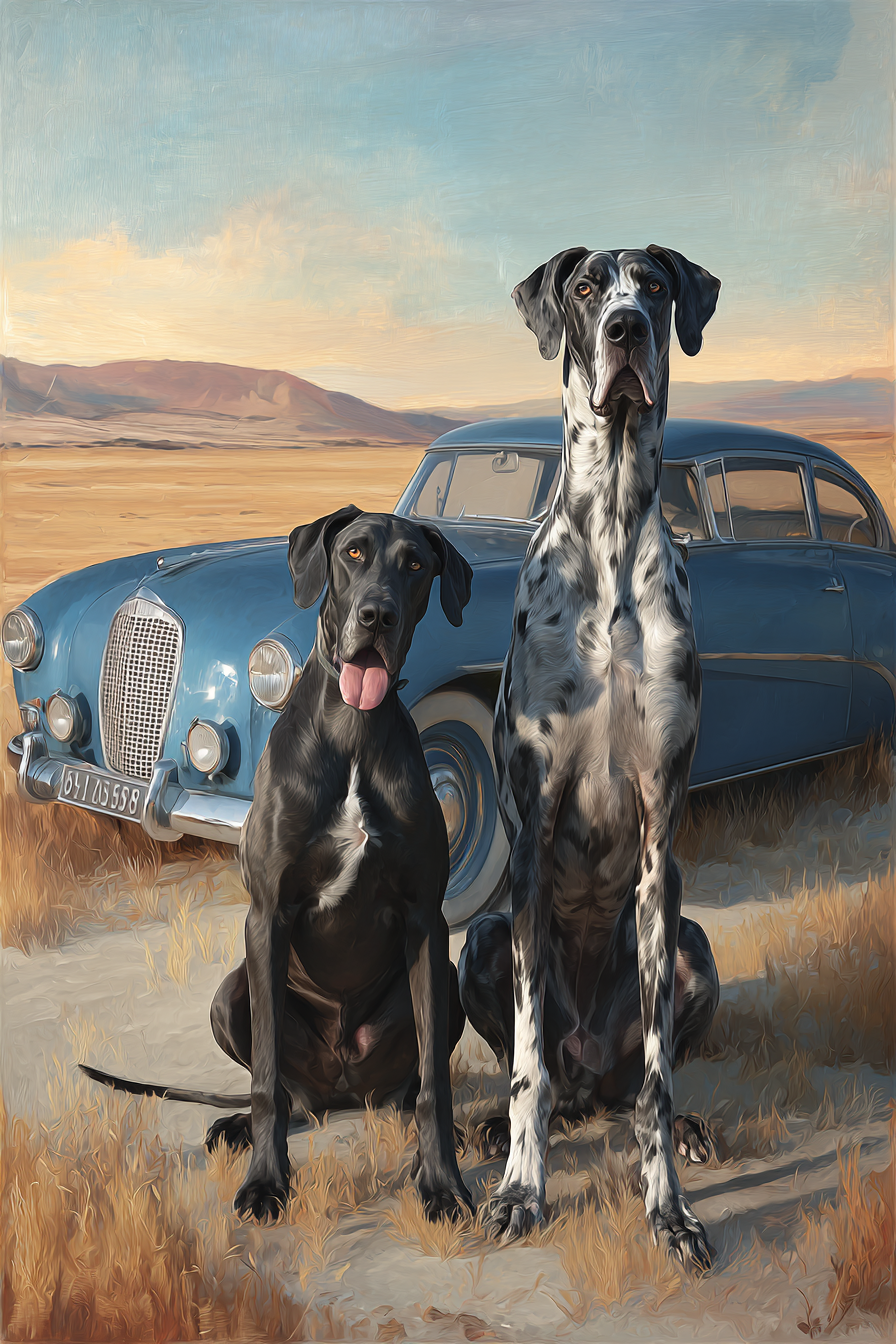 Great Danes Im Grünen Mit Vintage Auto Und Bergen Hintergrund | Katzen und Hunde | Tiere