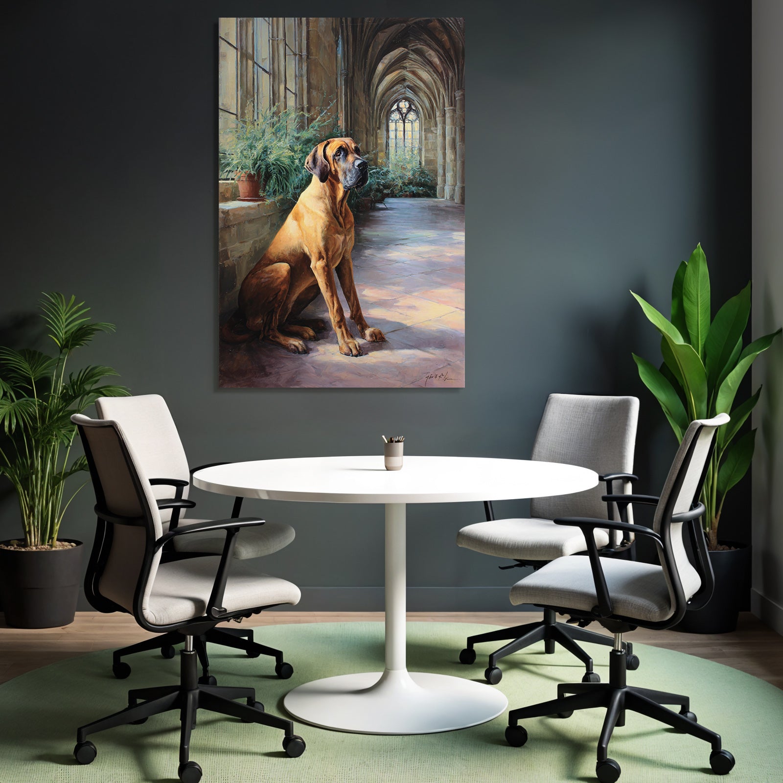 Grosser Dog Im Sonnigen Architektonischen Innenraum Mit Bogen Und Pflanzen