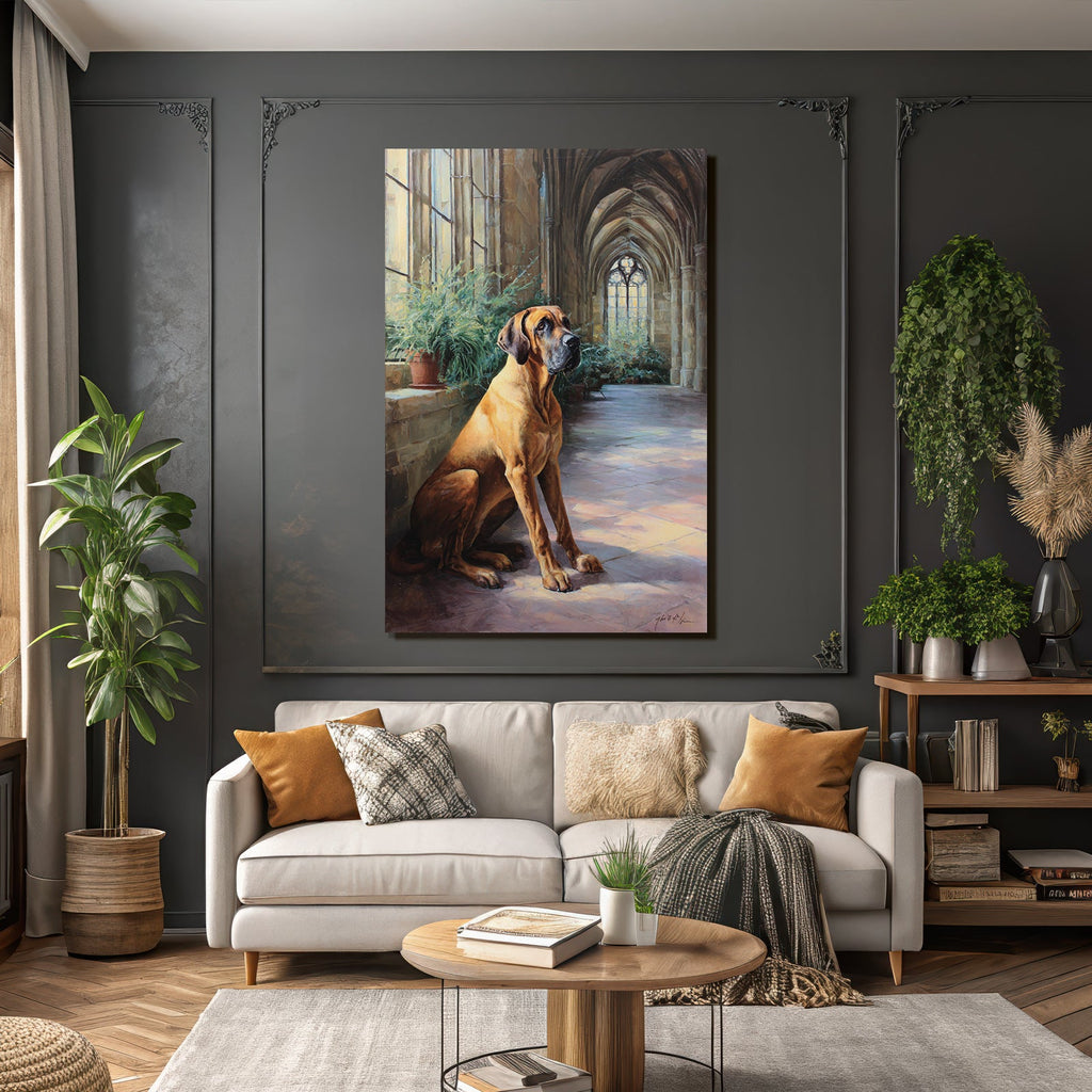 Grosser Dog Im Sonnigen Architektonischen Innenraum Mit Bogen Und Pflanzen