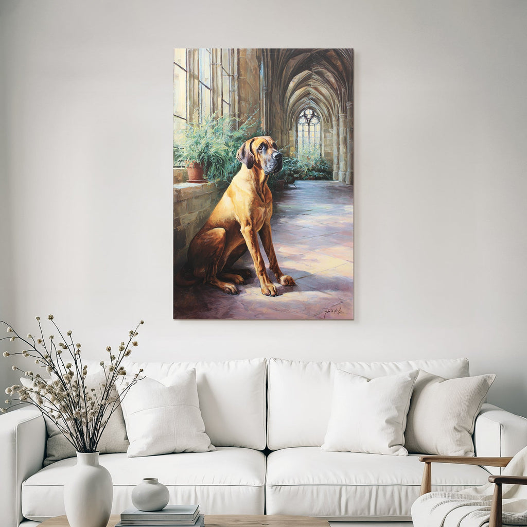 Grosser Dog Im Sonnigen Architektonischen Innenraum Mit Bogen Und Pflanzen