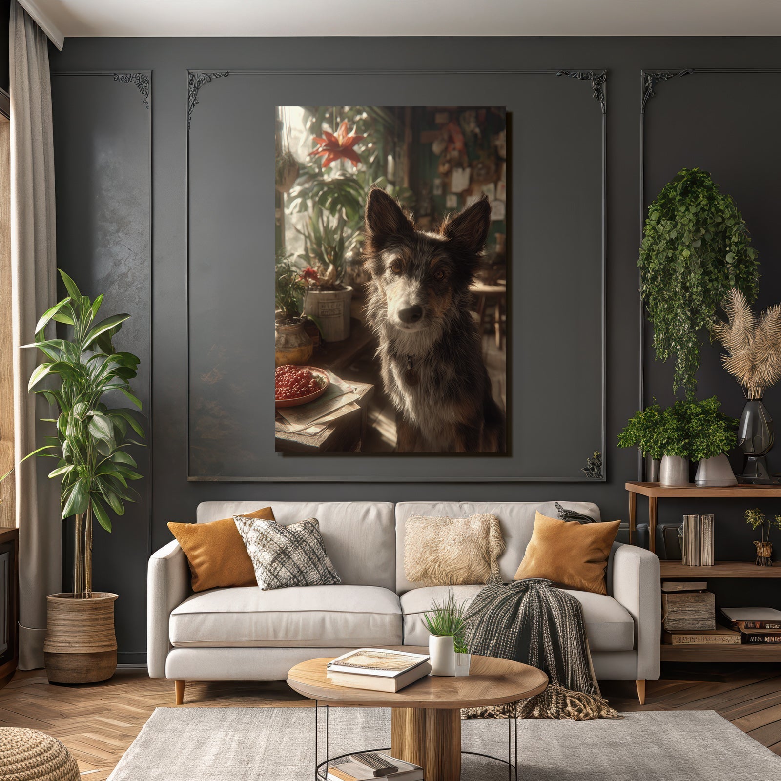 Hund In Einer Gemütlichen Umgebung Mit Pflanzen Und Roten Früchten
