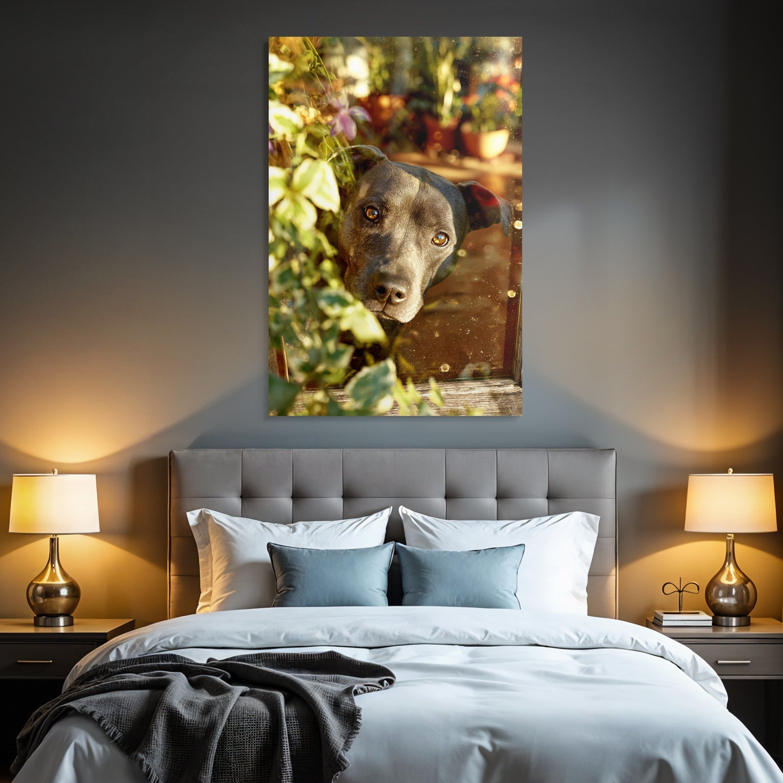 Hund Peeking Durch Fenster Umgeben Von Grünen Pflanzen Warmes Licht