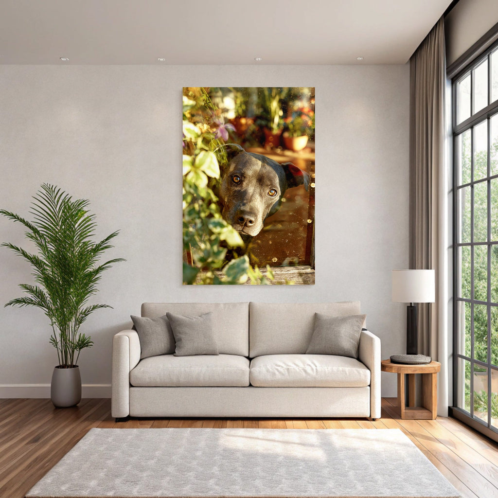 Hund Peeking Durch Fenster Umgeben Von Grünen Pflanzen Warmes Licht