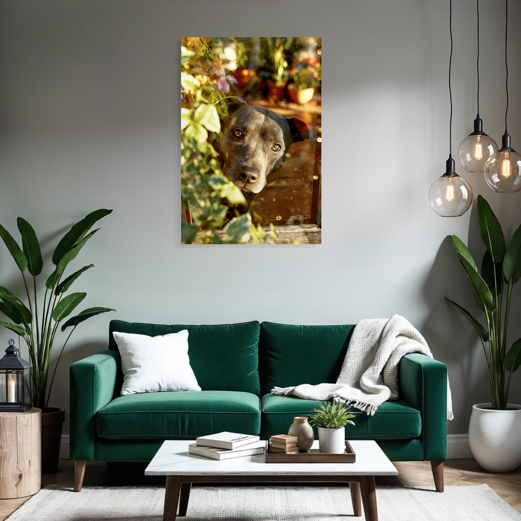 Hund Peeking Durch Fenster Umgeben Von Grünen Pflanzen Warmes Licht