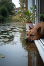 Hund Ruhend Gegen Doorway Und Flutwasser Umgebung Lilienblätter | Katzen und Hunde | Tiere