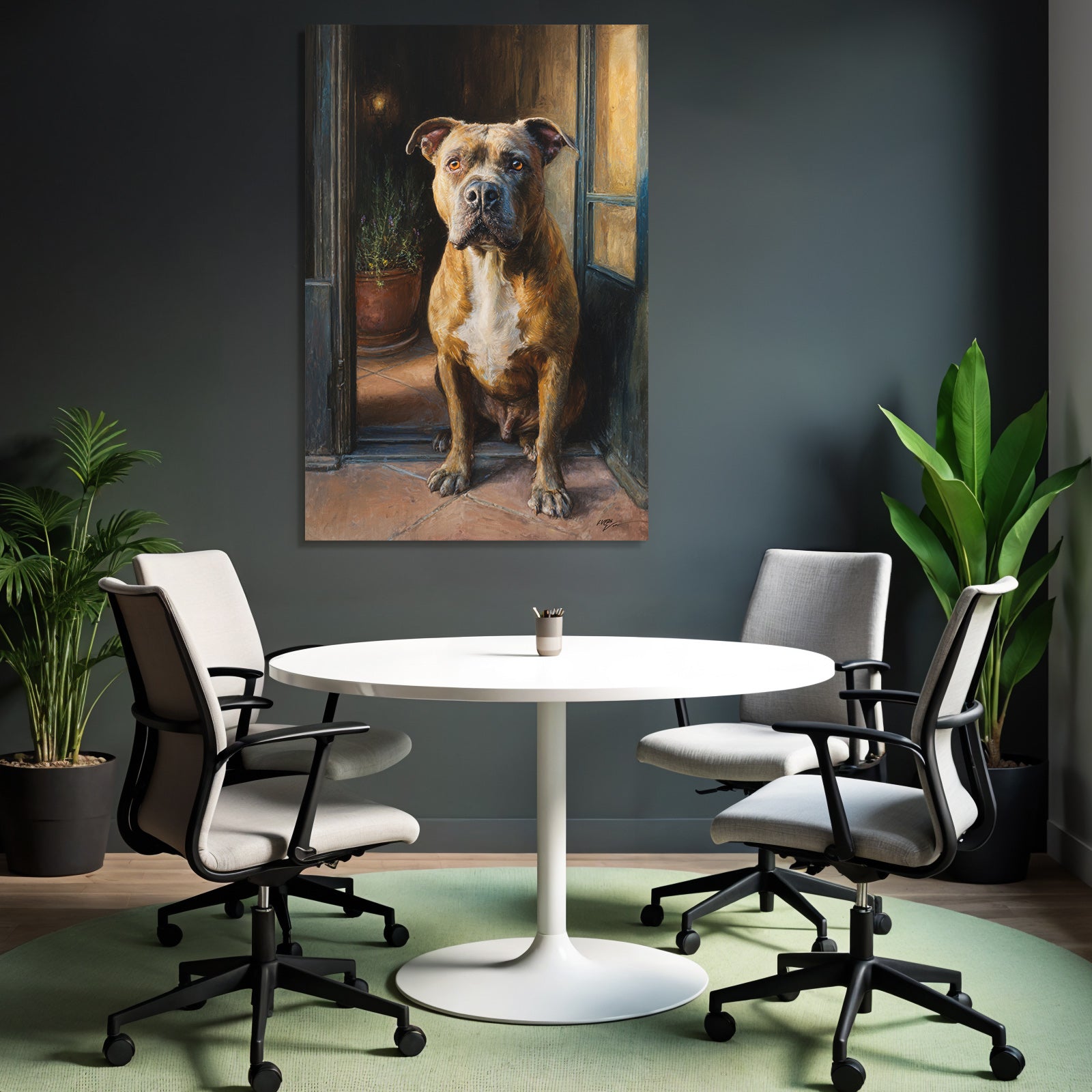 Hund Vor Der Tür Mit Blumentopf