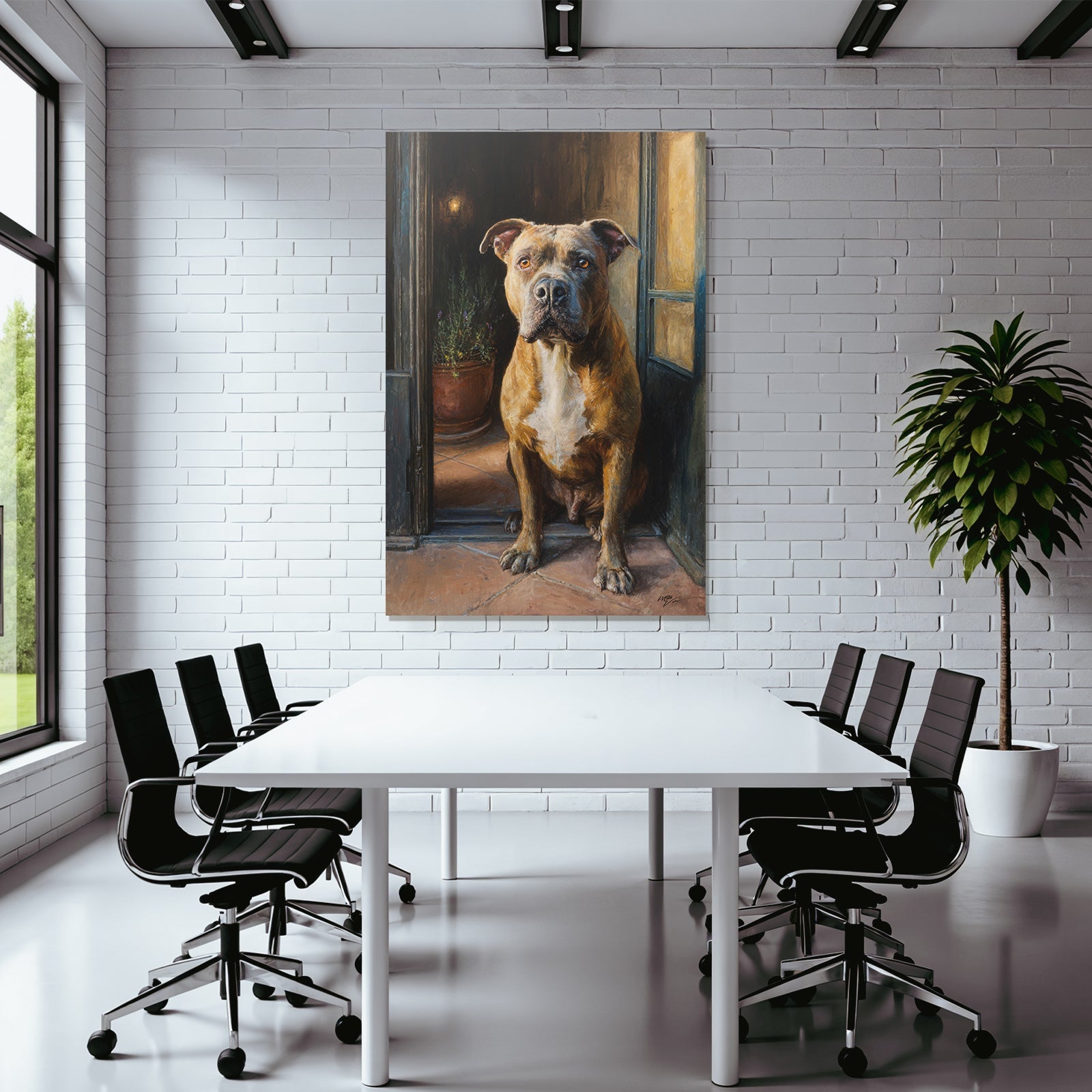 Hund Vor Der Tür Mit Blumentopf