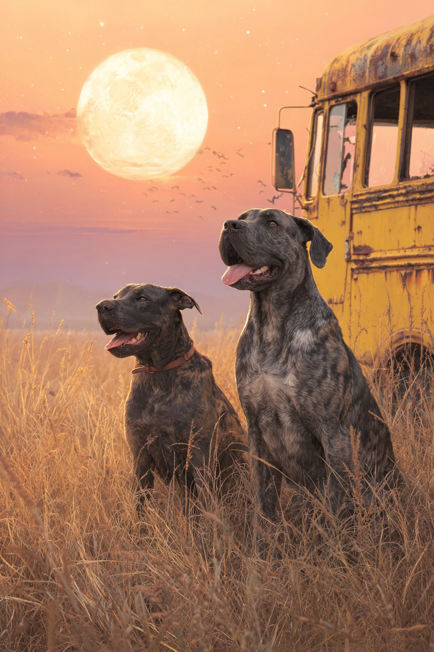 Im Feld Vor Voller Mond Und Altem Bus Sunset | Katzen und Hunde | Tiere