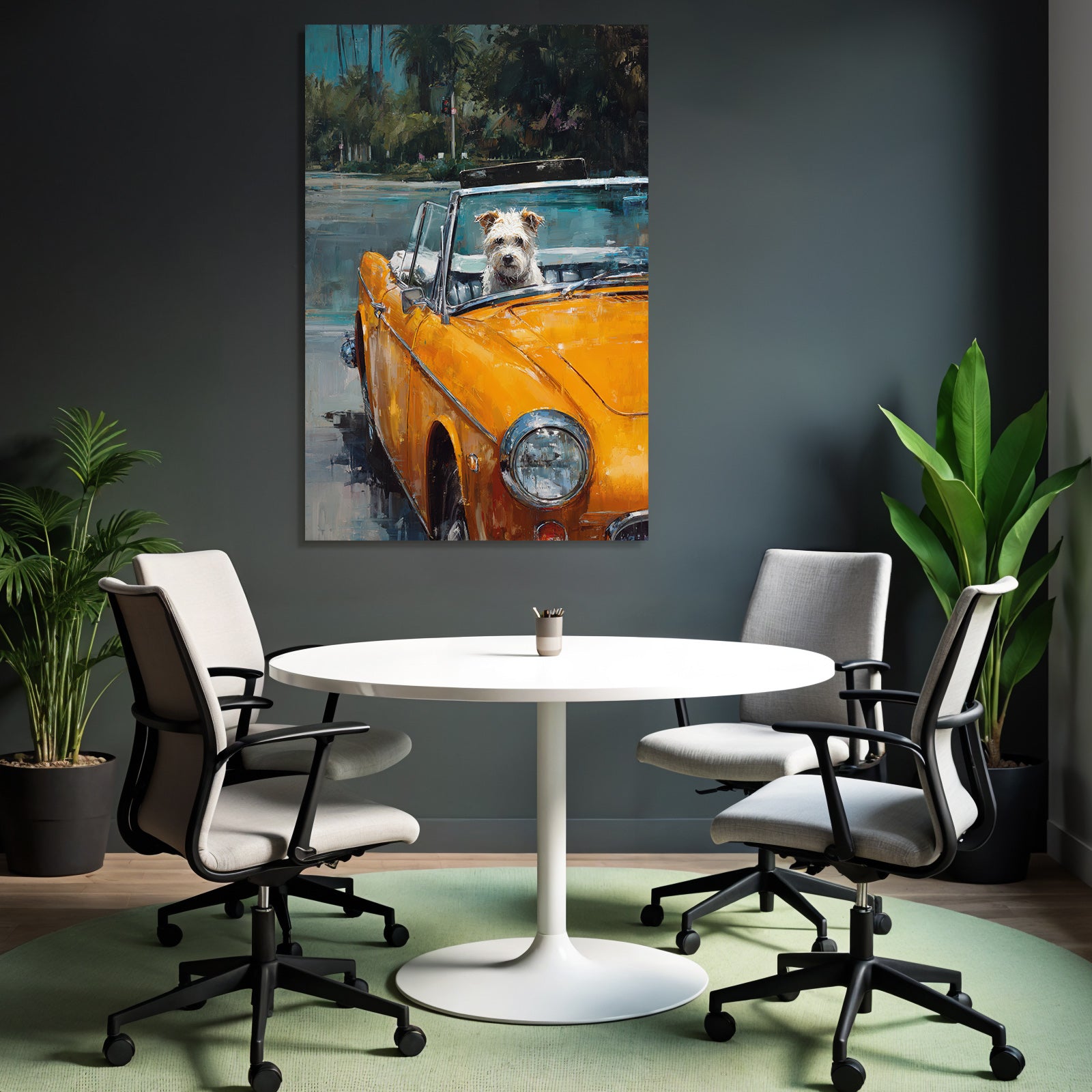 Klassischer Converted Wagen Mit Hund Unter Palmen Leuchtend Orange