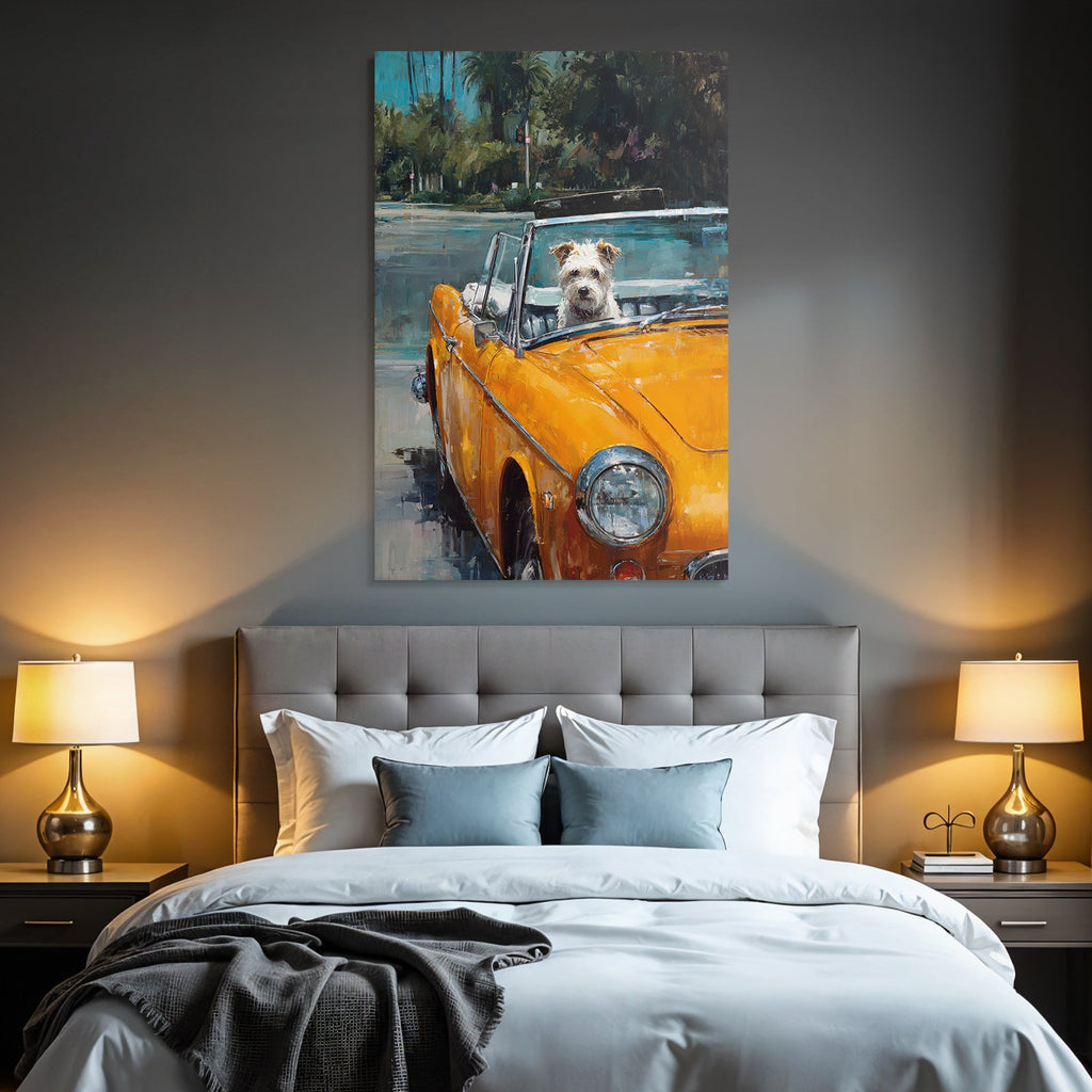 Klassischer Converted Wagen Mit Hund Unter Palmen Leuchtend Orange