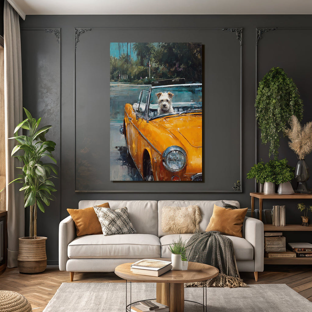 Klassischer Converted Wagen Mit Hund Unter Palmen Leuchtend Orange