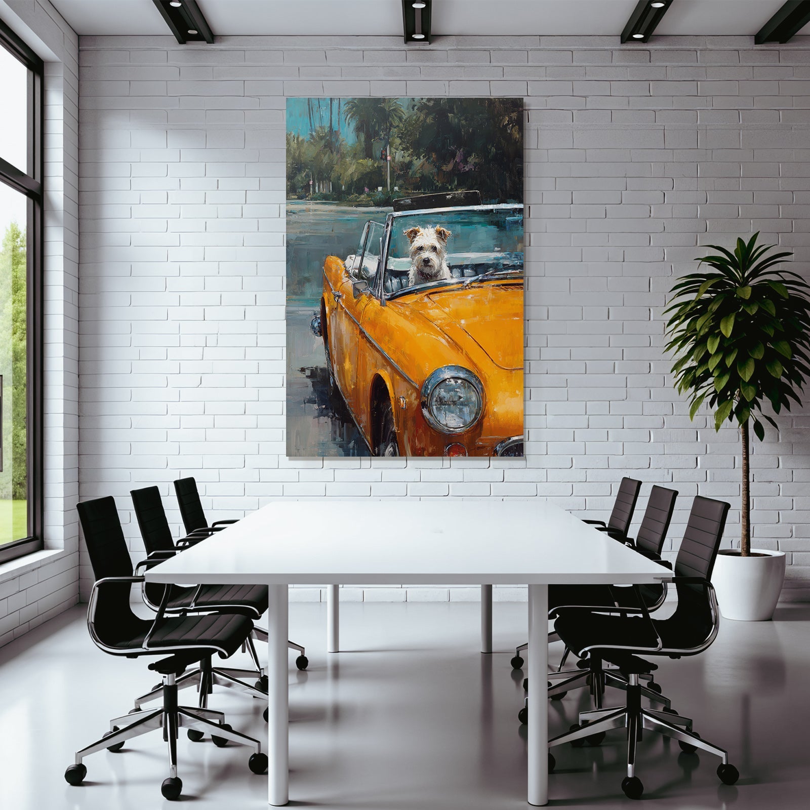 Klassischer Converted Wagen Mit Hund Unter Palmen Leuchtend Orange