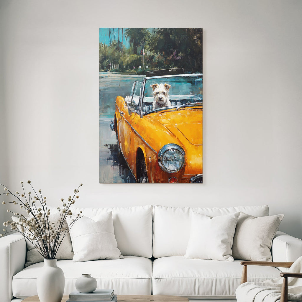 Klassischer Converted Wagen Mit Hund Unter Palmen Leuchtend Orange