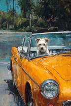 Klassischer Converted Wagen Mit Hund Unter Palmen Leuchtend Orange | Katzen und Hunde | Tiere
