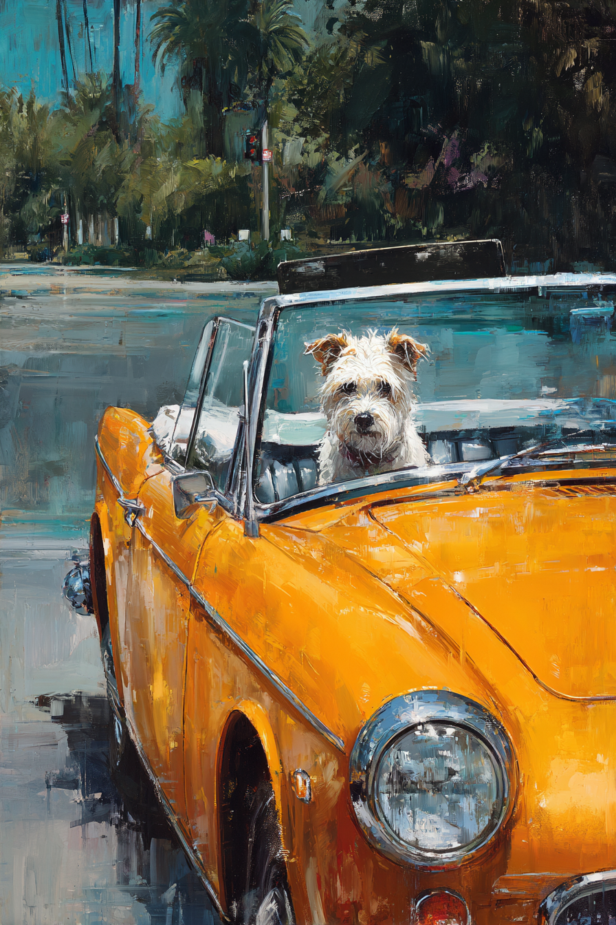 Klassischer Converted Wagen Mit Hund Unter Palmen Leuchtend Orange | Katzen und Hunde | Tiere