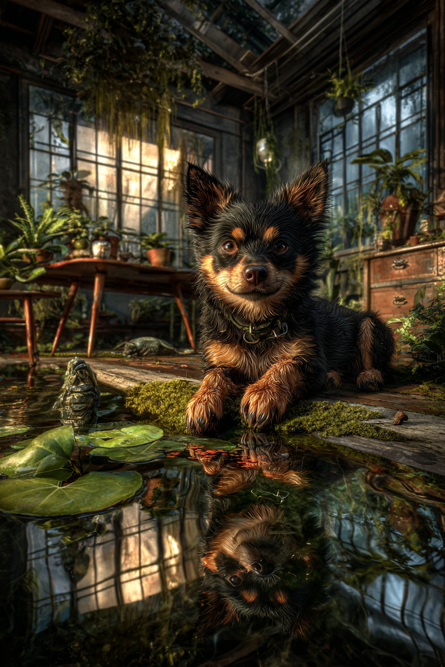 Kleiner Hund Chihuahua In Innenraum Mit Pflanzen Und Wasser Lilienpads | Katzen und Hunde | Tiere