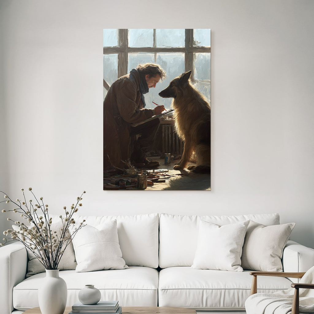 Künstler Beim Sketchen Eines Deutschen Shepherds In Einem Kreativen Umfeld