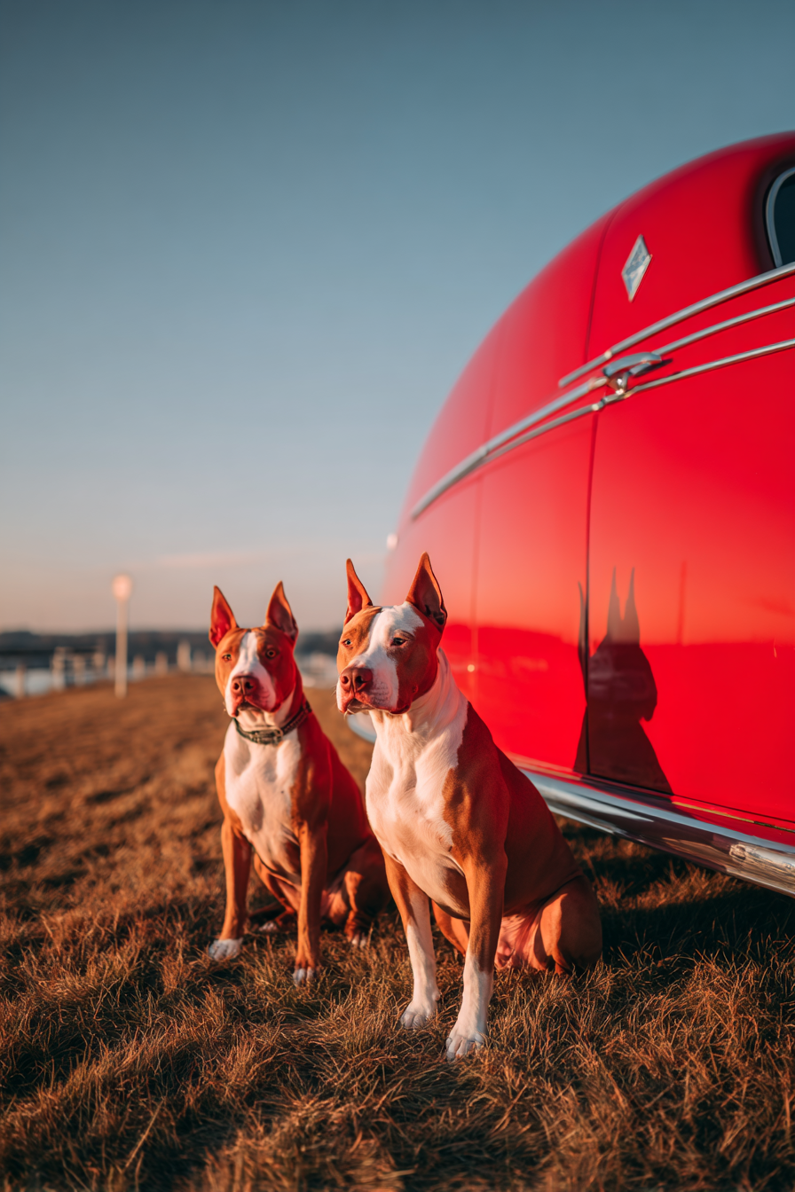 Und Rot Auto Im Sonnenlicht Amerikanische Pitbull Terrier Grüne Weise | Katzen und Hunde | Tiere