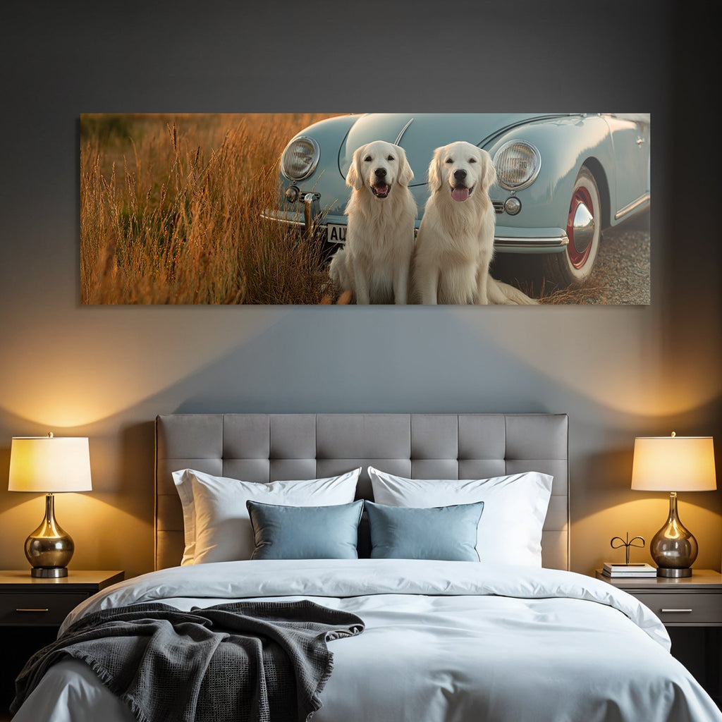 Golden Retriever Beim Heu Blaün Auto Bei Goldener Stunde