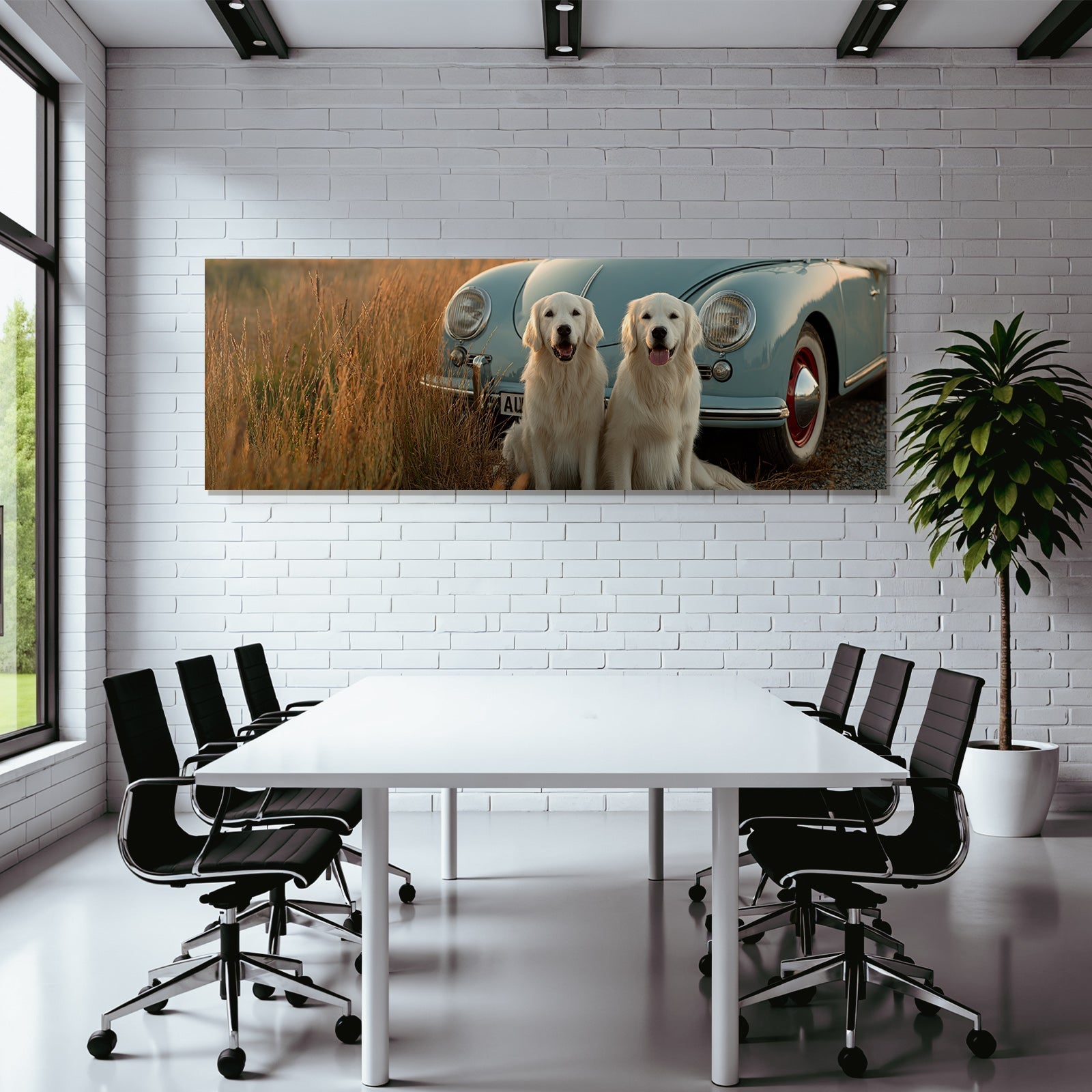 Golden Retriever Beim Heu Blaün Auto Bei Goldener Stunde