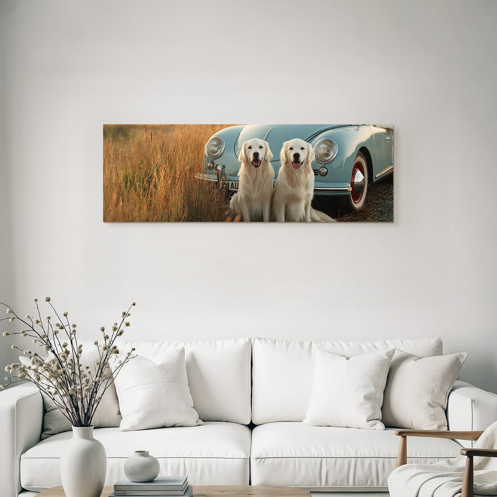 Golden Retriever Beim Heu Blaün Auto Bei Goldener Stunde