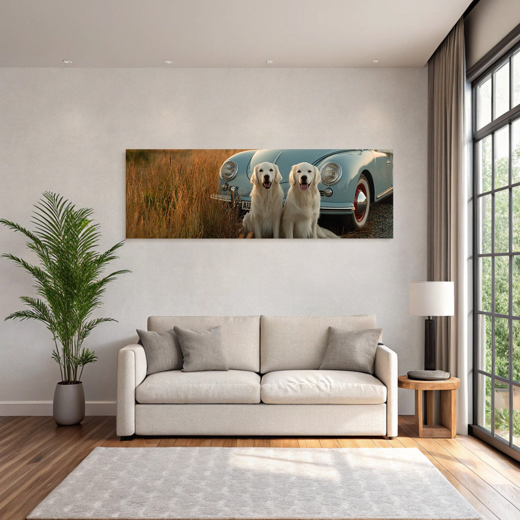 Golden Retriever Beim Heu Blaün Auto Bei Goldener Stunde