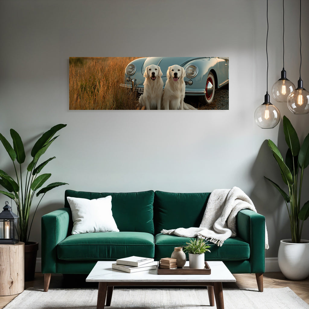 Golden Retriever Beim Heu Blaün Auto Bei Goldener Stunde