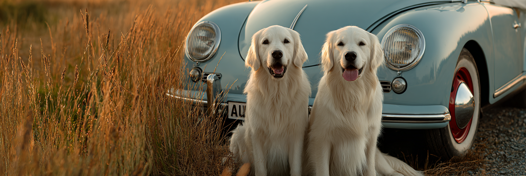Golden Retriever Beim Heu Blaün Auto Bei Goldener Stunde | Katzen und Hunde | Tiere