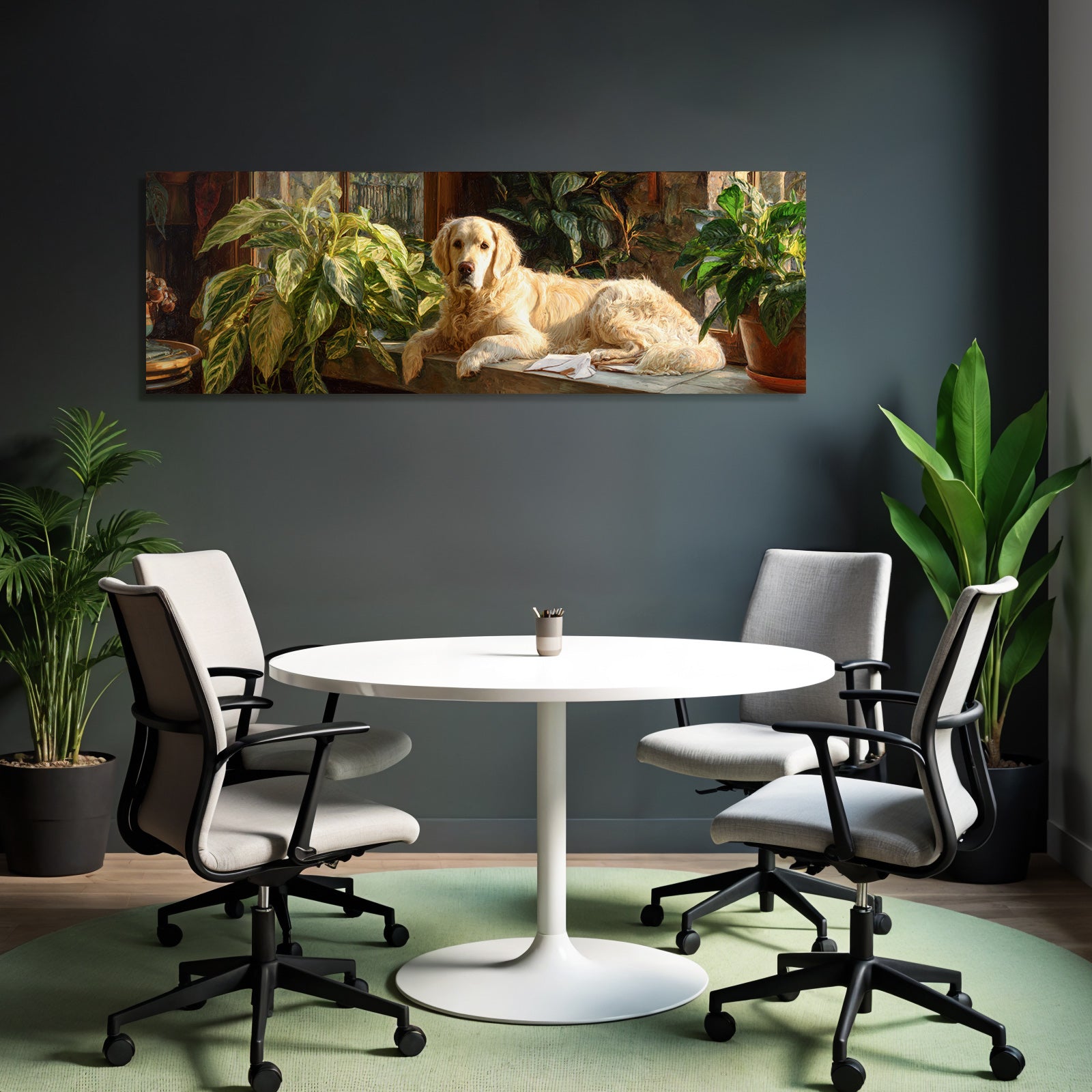 Golden Retriever In Harmonischem Zimmer Mit Pflanzen