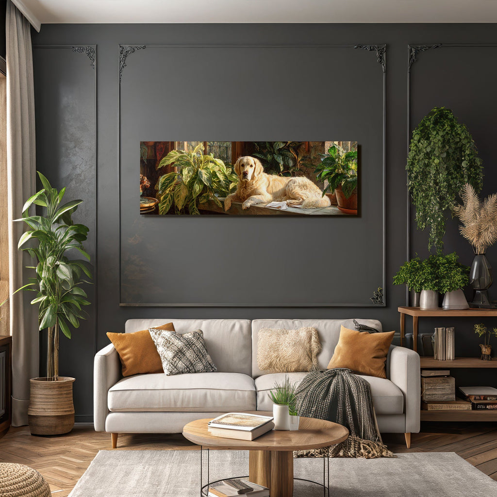 Golden Retriever In Harmonischem Zimmer Mit Pflanzen