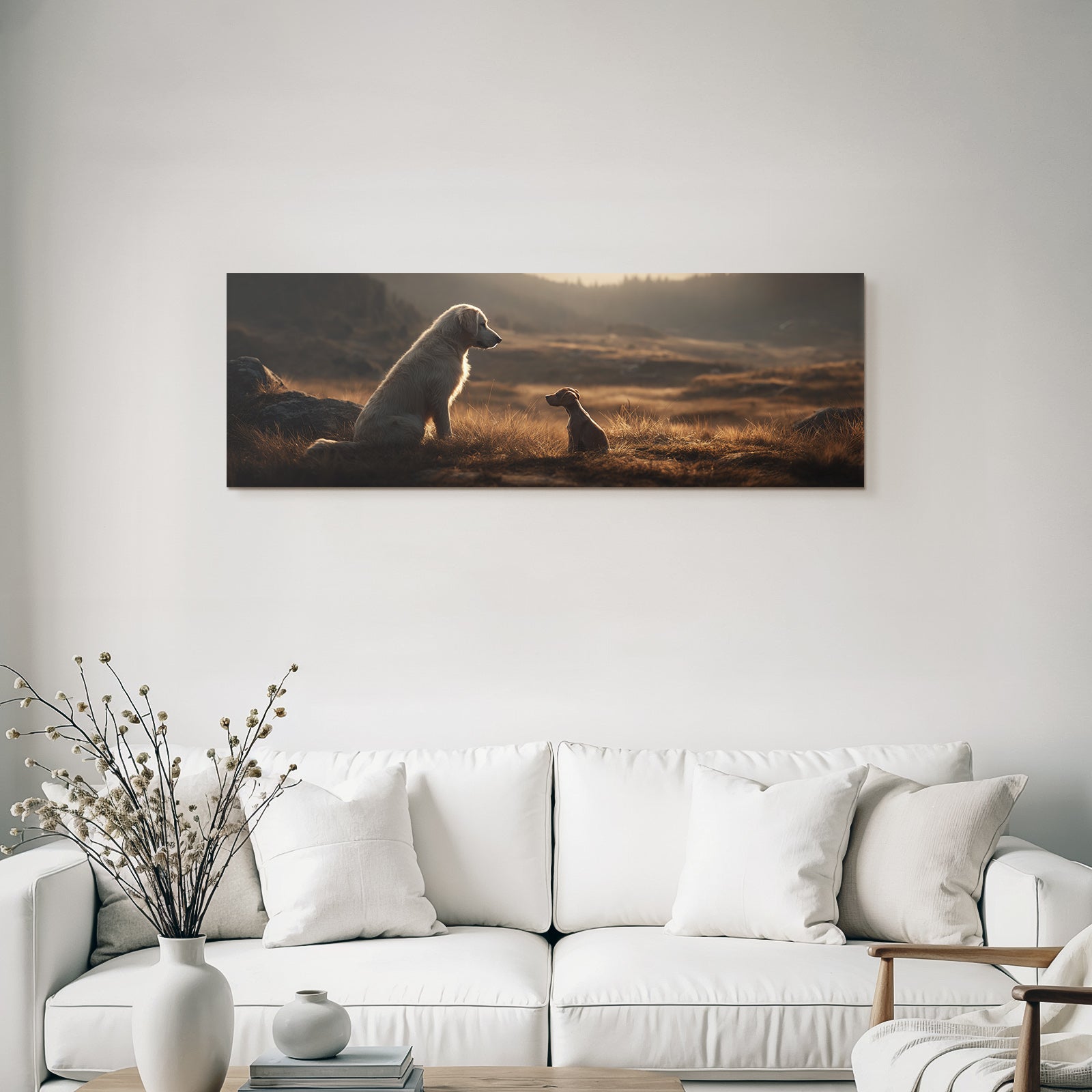 Golden Retriever Und Brauner Hund Im Natur Bei Sonnenuntergang