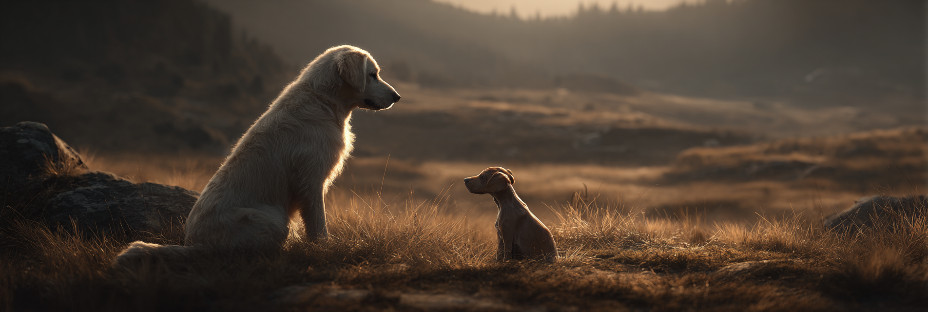 Golden Retriever Und Brauner Hund Im Natur Bei Sonnenuntergang | Katzen und Hunde | Tiere