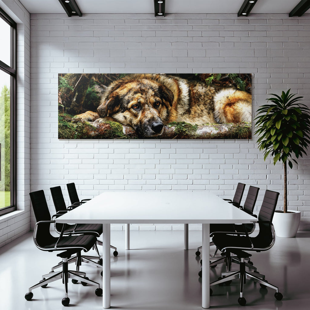 Hund Auf Einem Stamm Umgeben Von Grünem Wald Gebiet