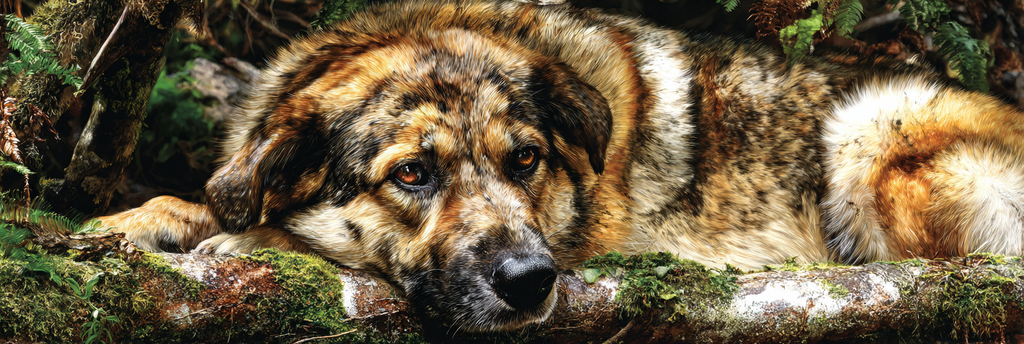 Hund Auf Einem Stamm Umgeben Von Grünem Wald Gebiet | Katzen und Hunde | Tiere