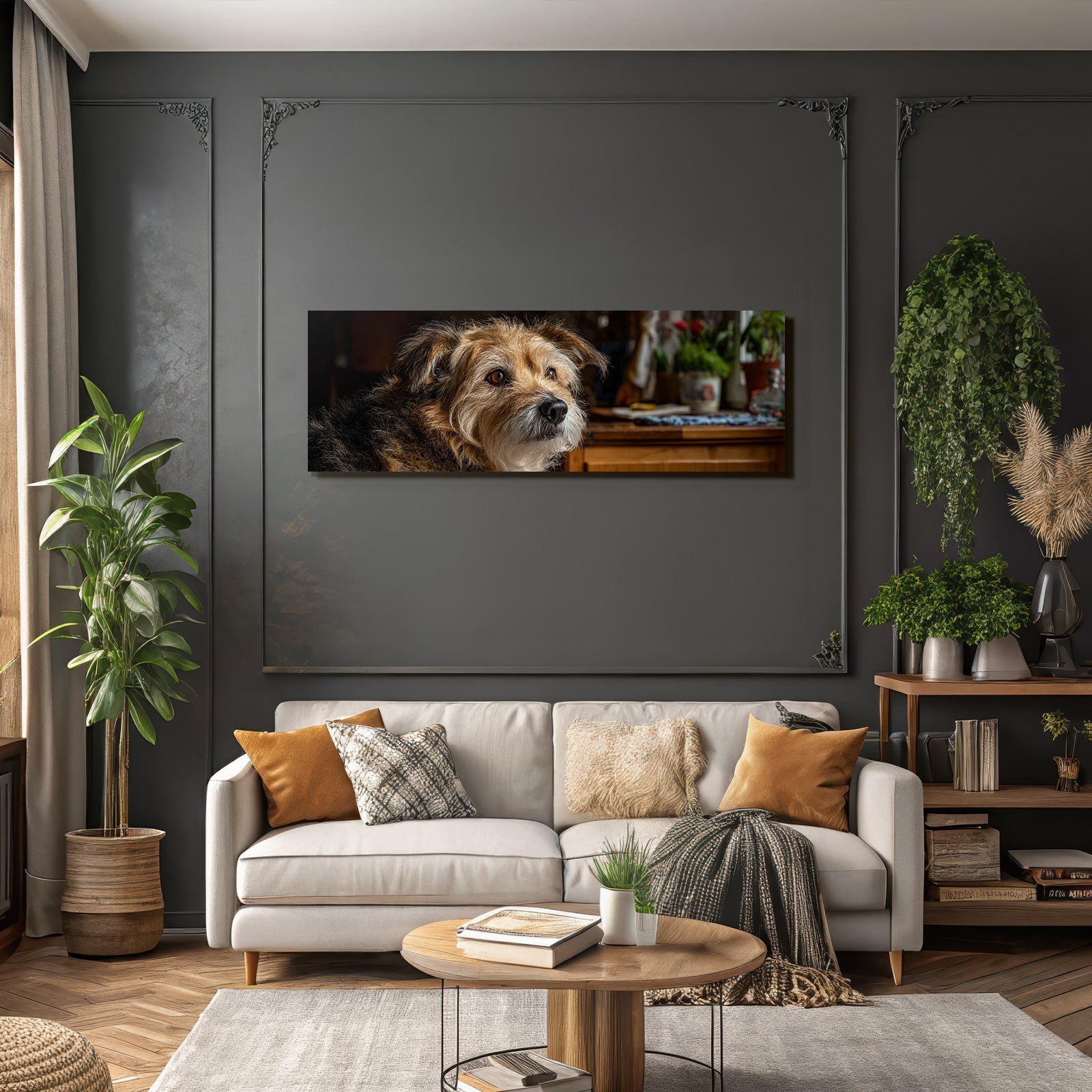 Hund Ausdrucksvolles Gesicht Mit Haarfaser In Cozy Innenraum