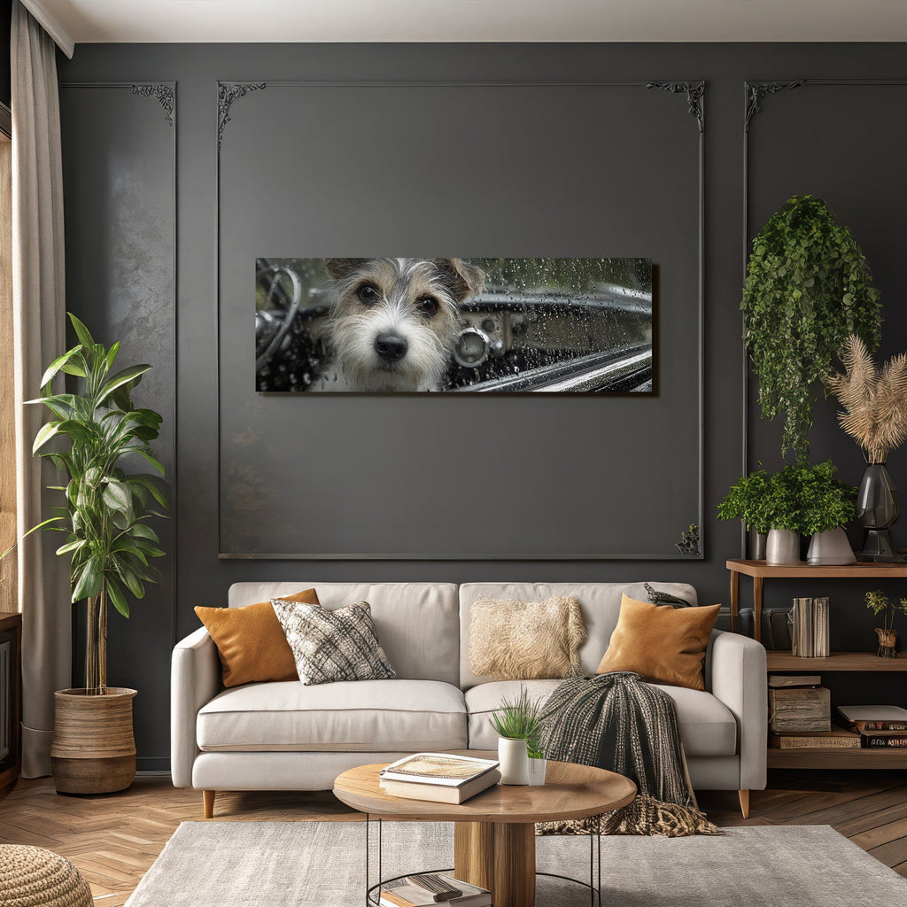 Hund Im Autofenster Regentropfen Auf Scheibe Neugierig Und Aufmerksam