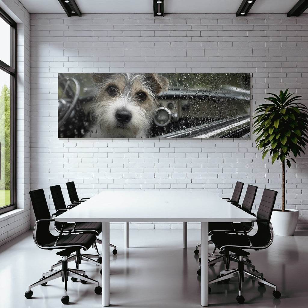 Hund Im Autofenster Regentropfen Auf Scheibe Neugierig Und Aufmerksam